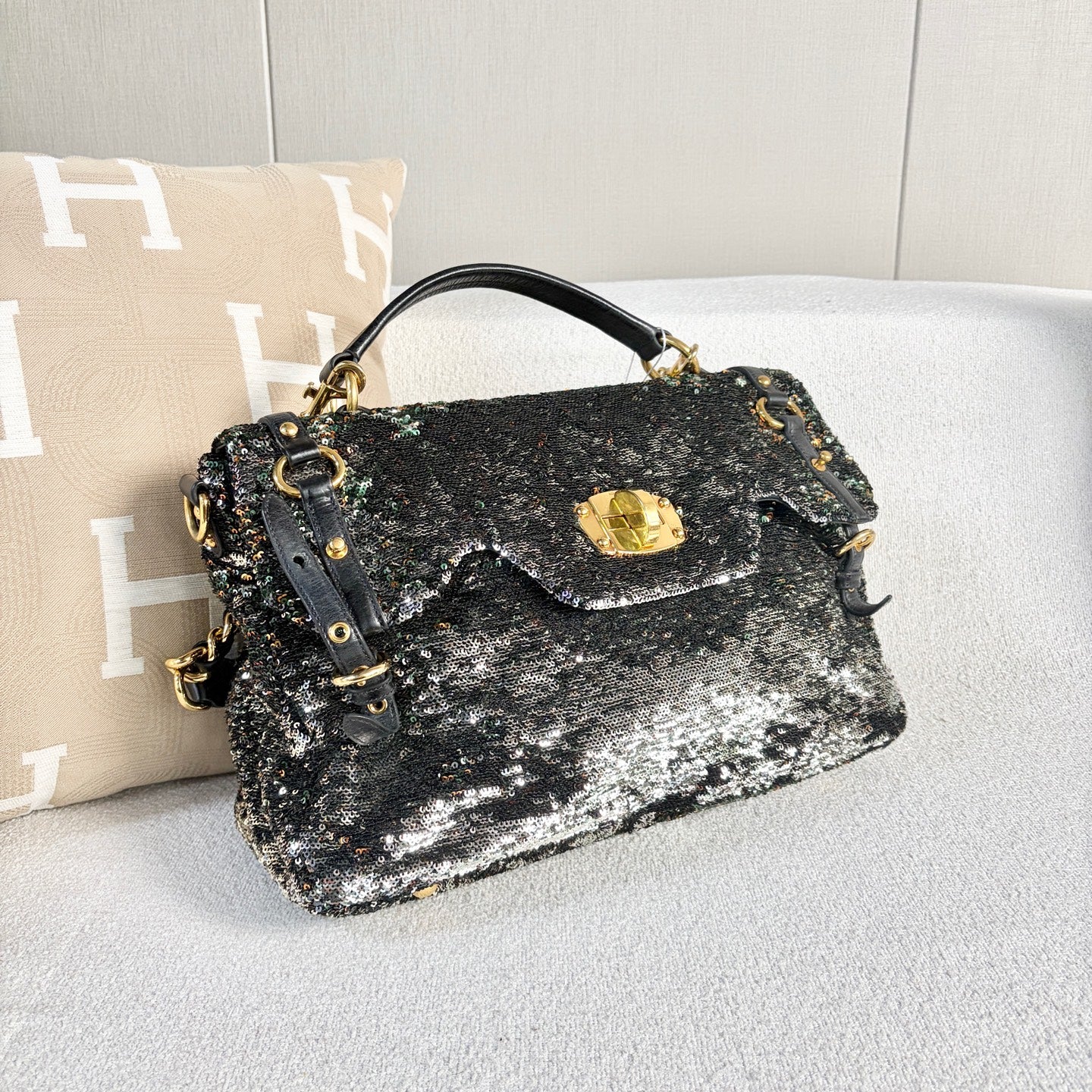 Miu Miu - Runway Sequin Messenger Bag - Sequins on fabric with leather trim - Multicolour - (medium)