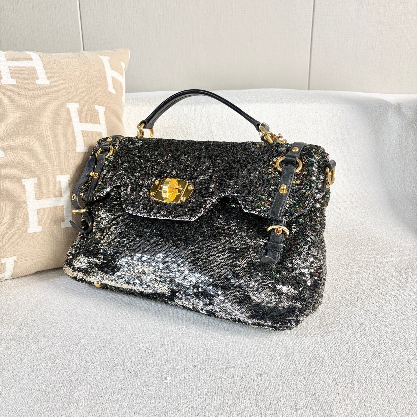 Miu Miu - Runway Sequin Messenger Bag - Sequins on fabric with leather trim - Multicolour - (medium)