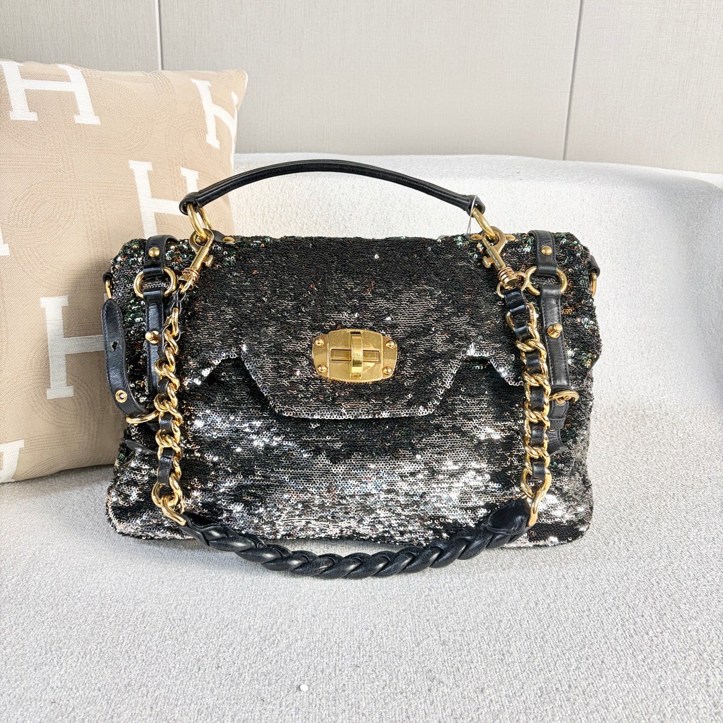 Miu Miu - Runway Sequin Messenger Bag - Sequins on fabric with leather trim - Multicolour - (medium)