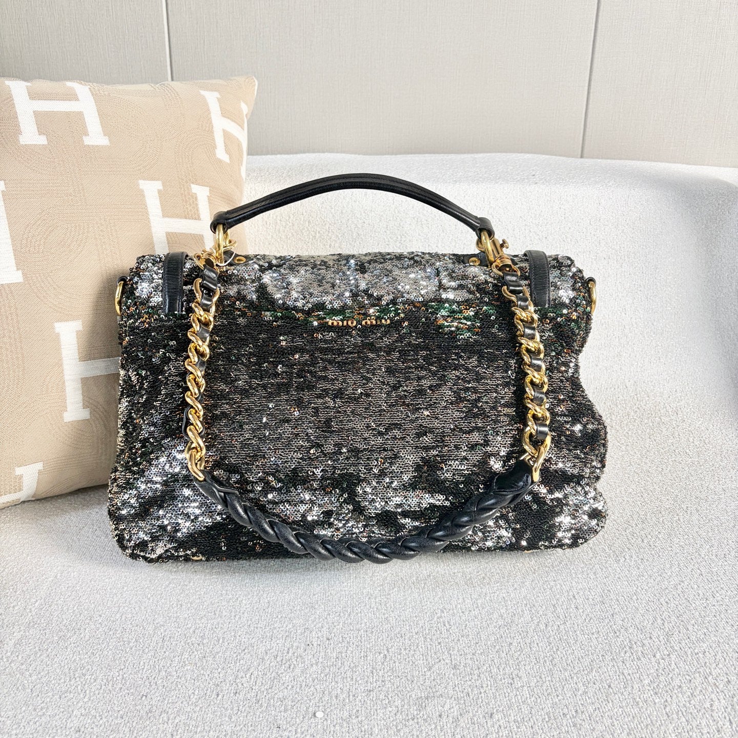 Miu Miu - Runway Sequin Messenger Bag - Sequins on fabric with leather trim - Multicolour - (medium)