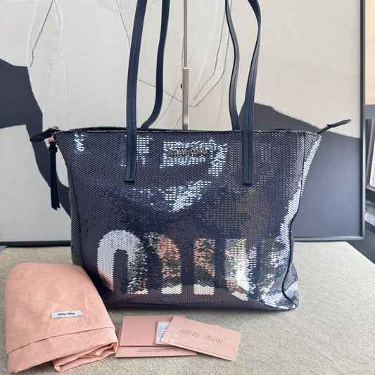 Miu Miu - Sequin Tote - Sequins and Leather - Navy - (medium)
