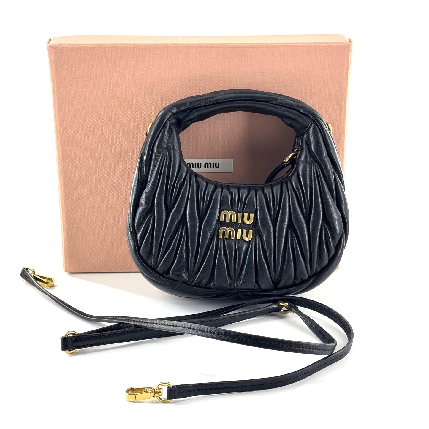 Miumiu - Miu Wander Matelassé Mini Hobo Bag - Leather - Black - (mini)