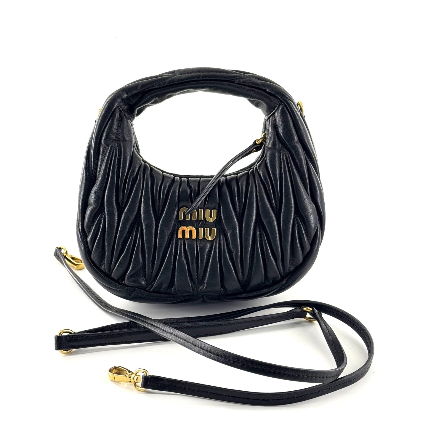 Miumiu - Miu Wander Matelassé Mini Hobo Bag - Leather - Black - (mini)