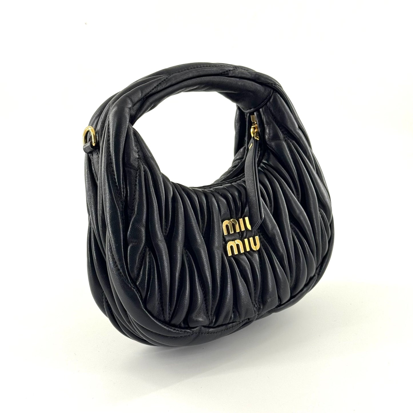 Miumiu - Miu Wander Matelassé Mini Hobo Bag - Leather - Black - (mini)
