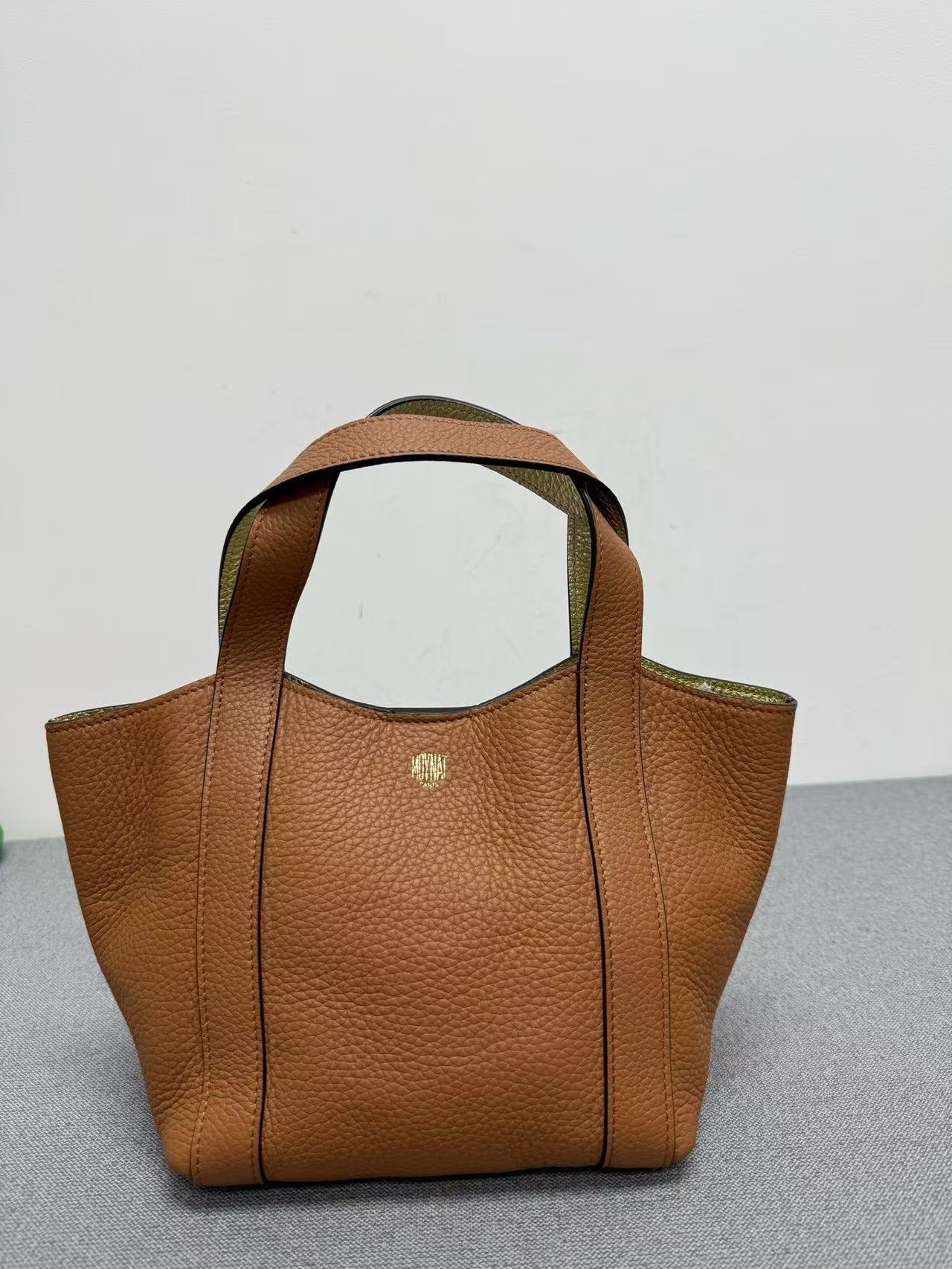 Monai - Basket Tote - Grained leather exterior with metallic leather interior - Tan with Gold interior - (mini)