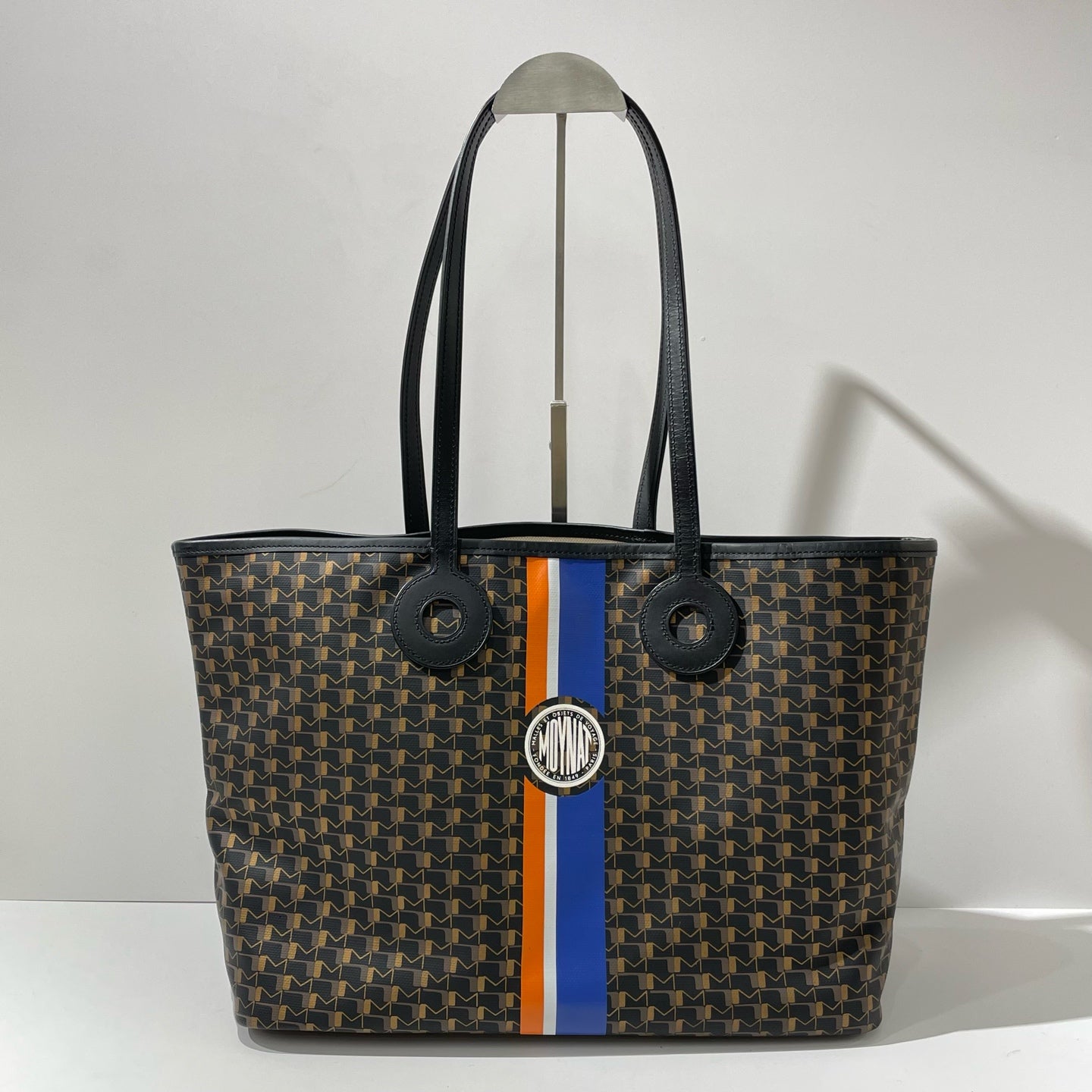 Moynat - Small Monogram Striped Tote Shopping Bag - Coated canvas with leather trim - Black, Gold, Orange, Blue - (Small)
