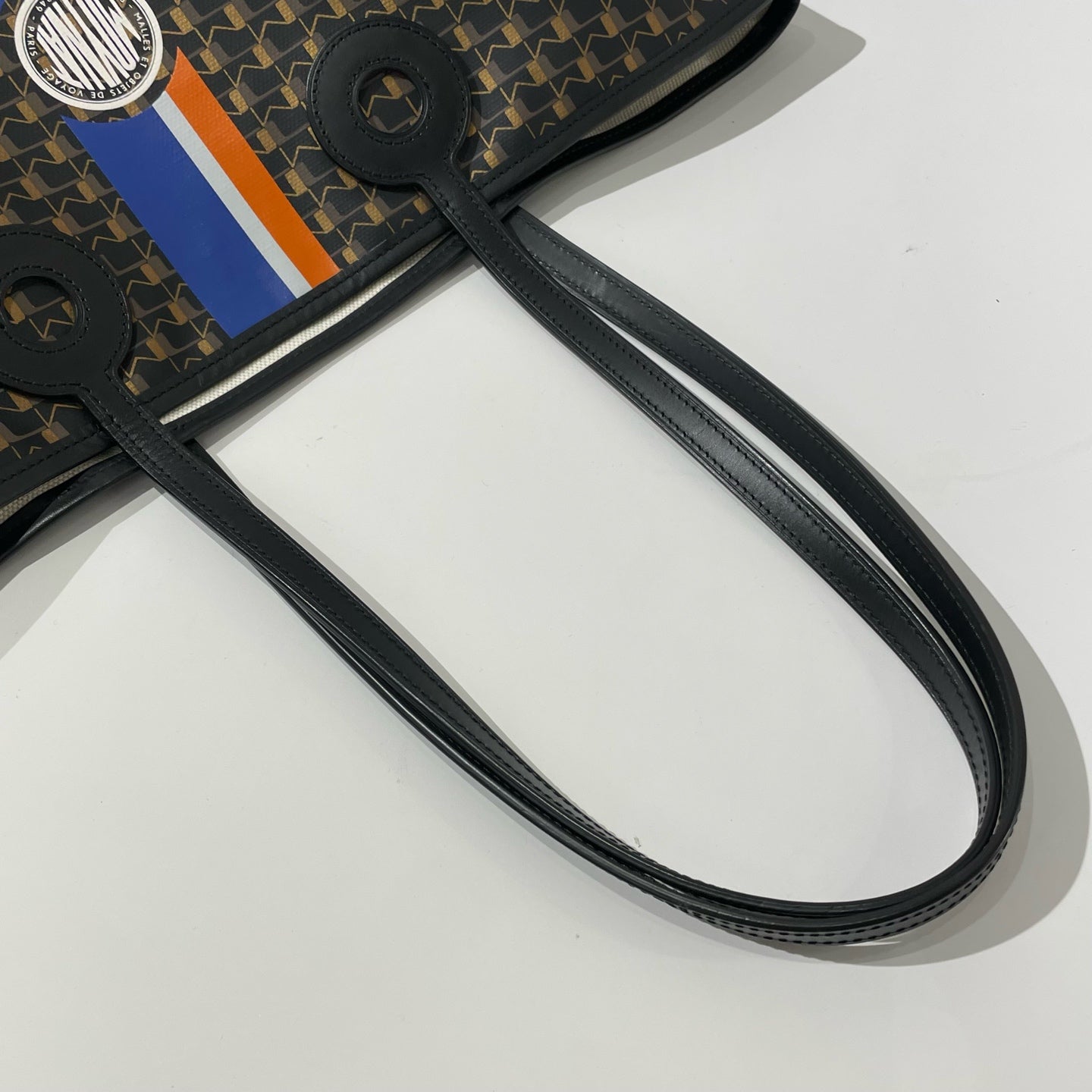 Moynat - Small Monogram Striped Tote Shopping Bag - Coated canvas with leather trim - Black, Gold, Orange, Blue - (Small)