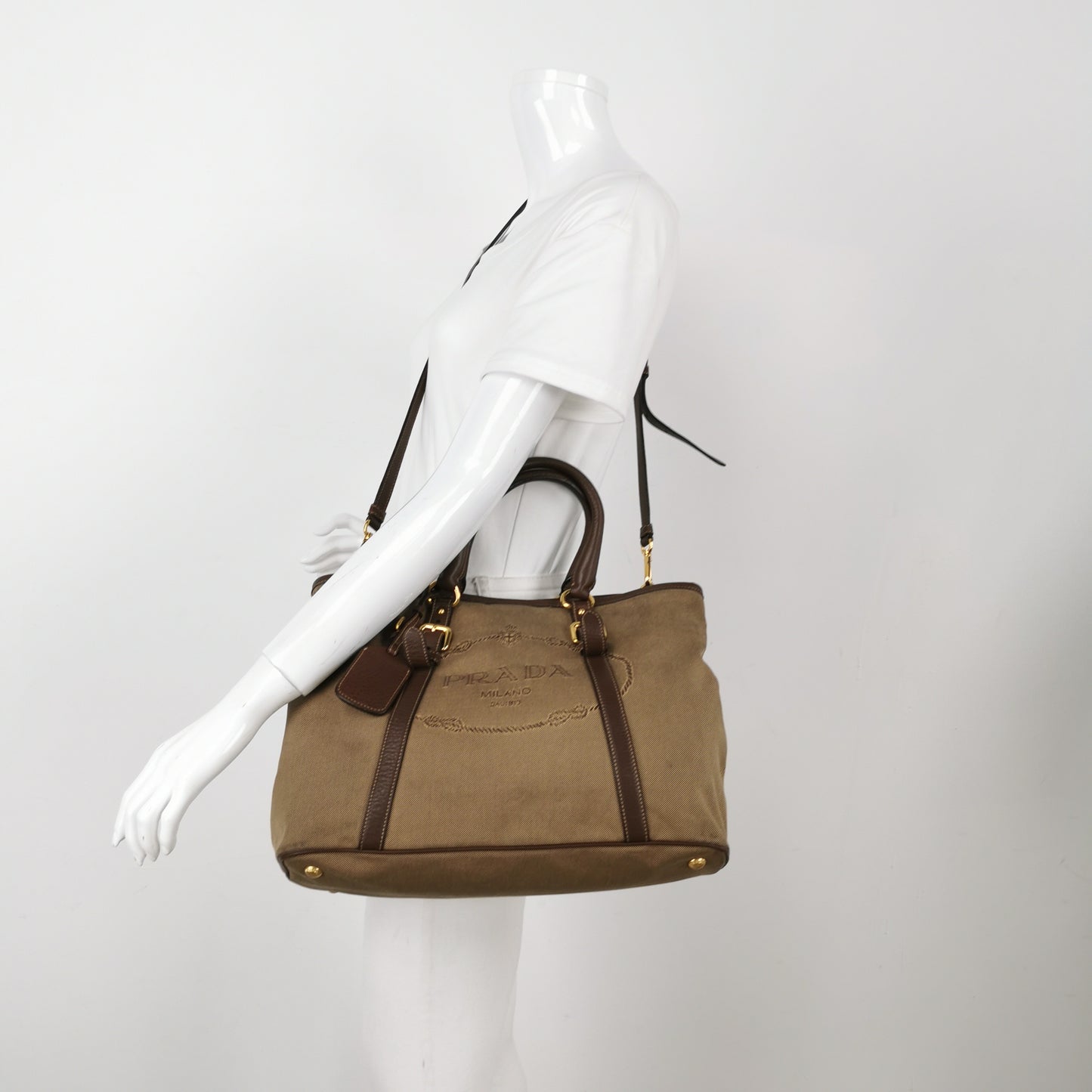 Prada - BN1841 - Canvas with Leather trim - Earthy Brown with Dark Brown Leather Trim - (Medium)