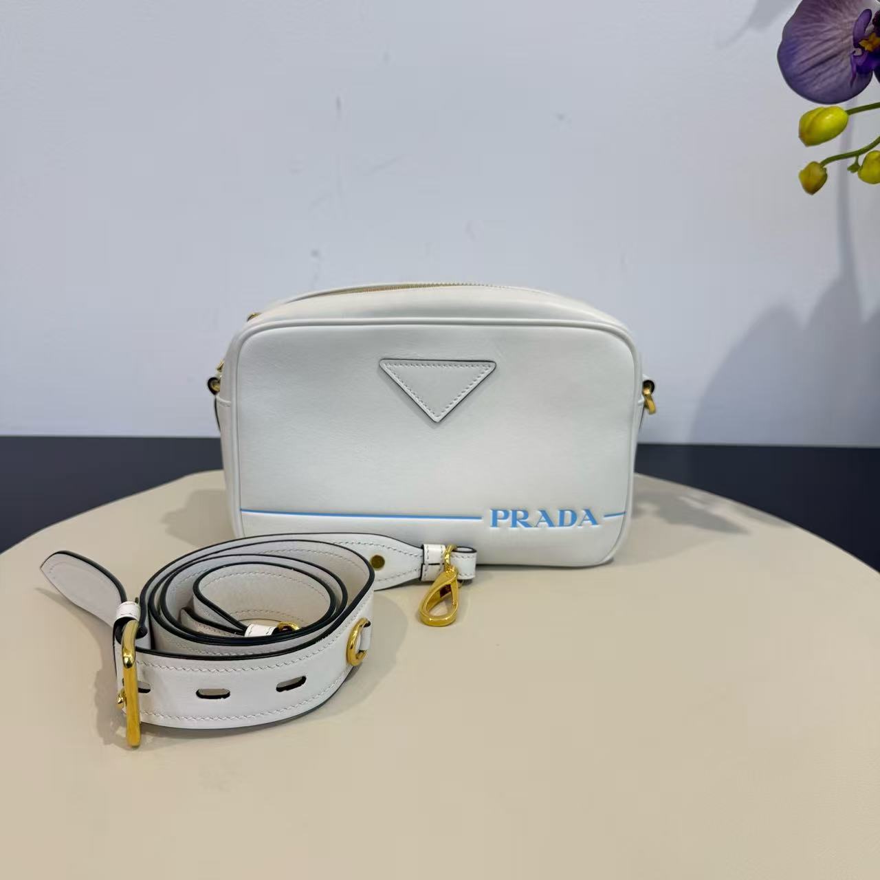 Prada - Camera Bag - Smooth Leather - White with Blue Accent - (mini)
