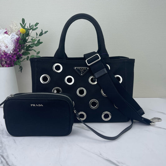Prada - Denim Eyelet Tote - Denim canvas - Black - (small)