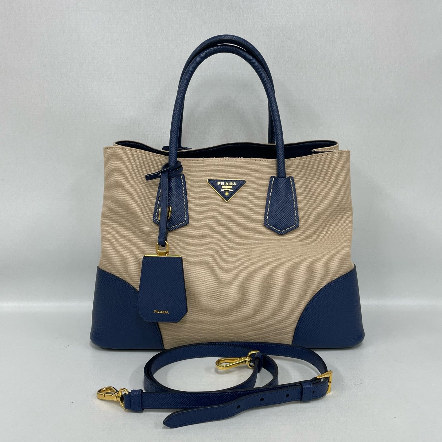 Prada - Double Bag - Beige canvas with blue Saffiano leather trim - Beige and Blue - (Medium)