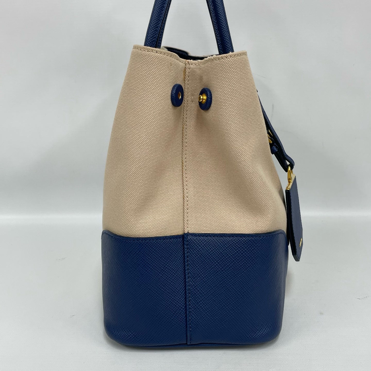Prada - Double Bag - Beige canvas with blue Saffiano leather trim - Beige and Blue - (Medium)