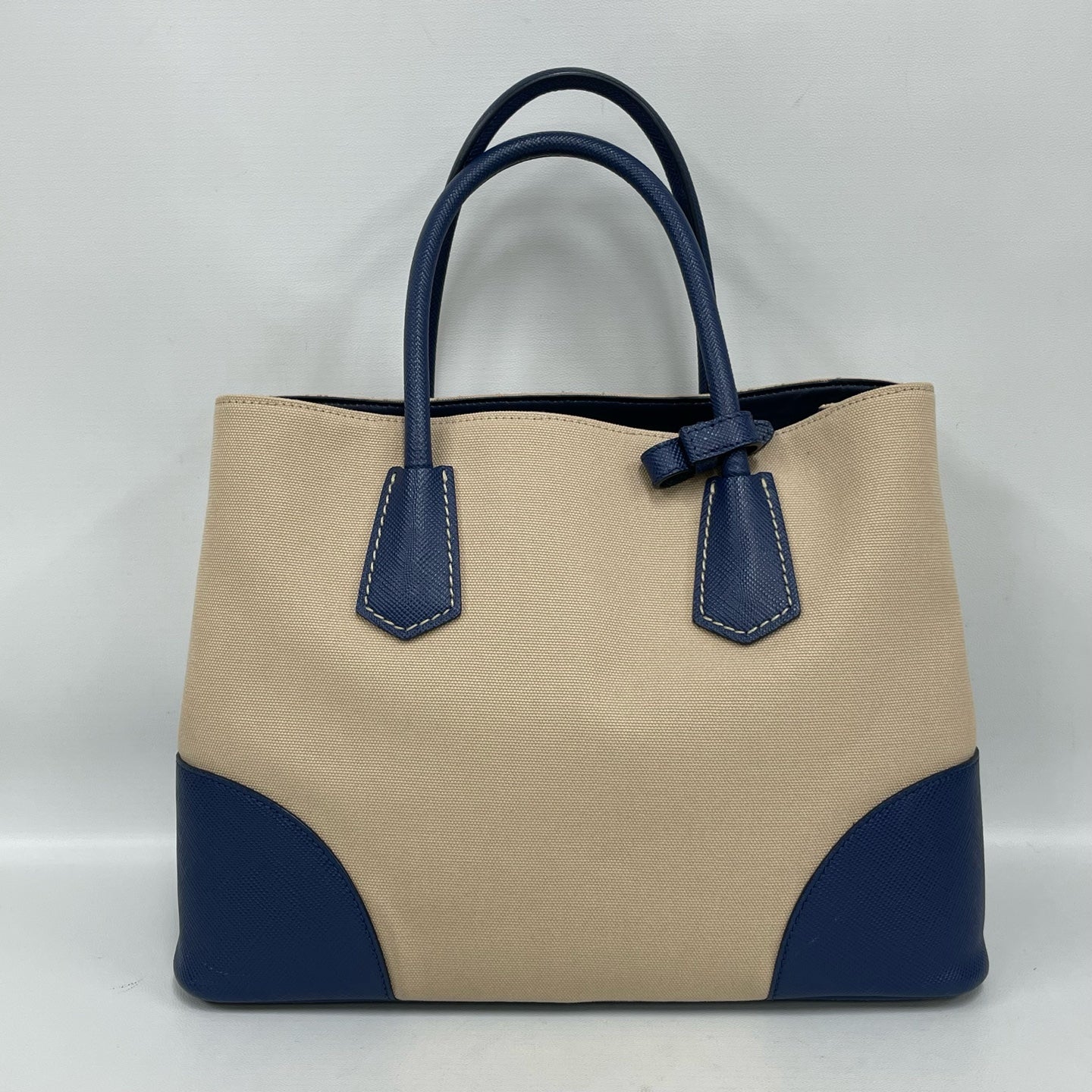 Prada - Double Bag - Beige canvas with blue Saffiano leather trim - Beige and Blue - (Medium)