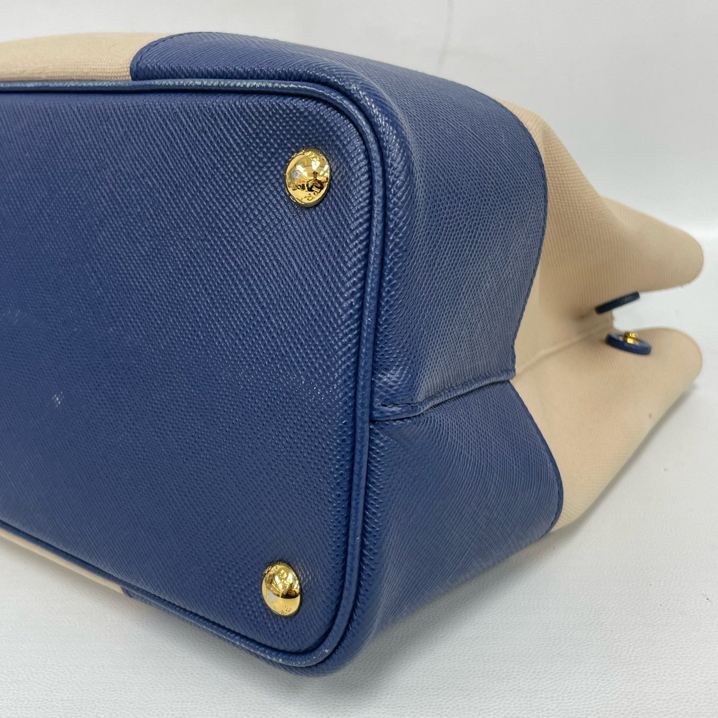 Prada - Double Bag - Beige canvas with blue Saffiano leather trim - Beige and Blue - (Medium)