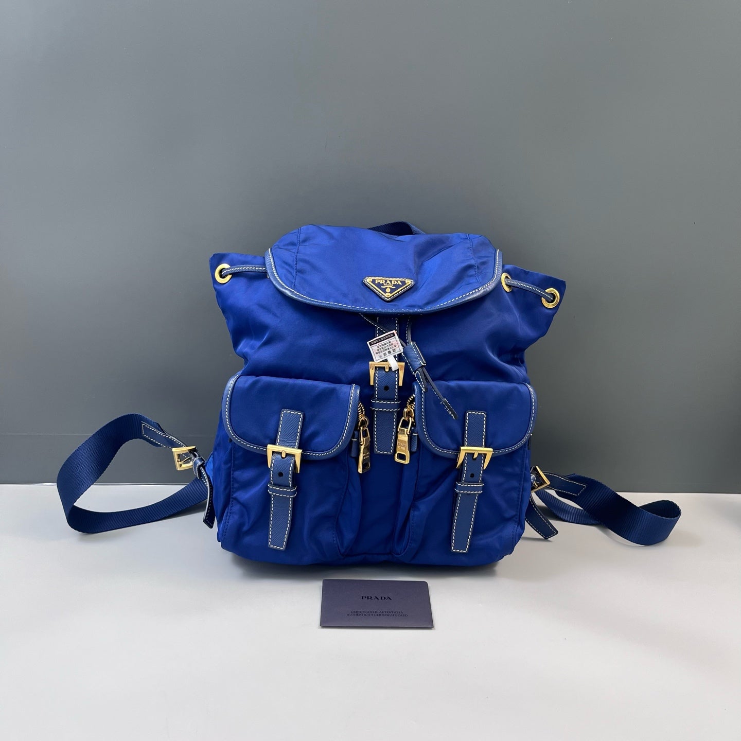 Prada - Drawstring Backpack - Nylon parachute fabric and Saffiano leather trim - Blue - (medium)