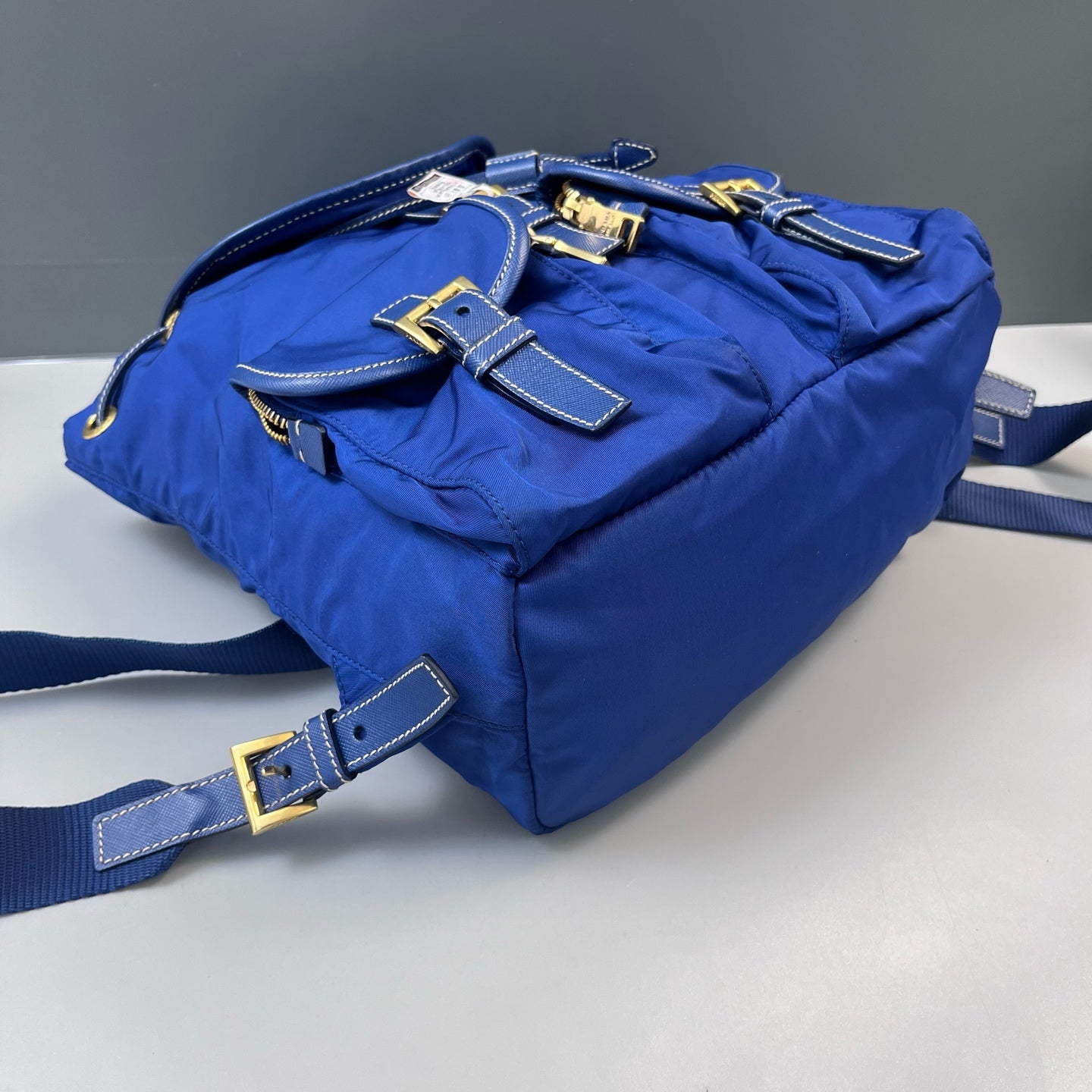 Prada - Drawstring Backpack - Nylon parachute fabric and Saffiano leather trim - Blue - (medium)