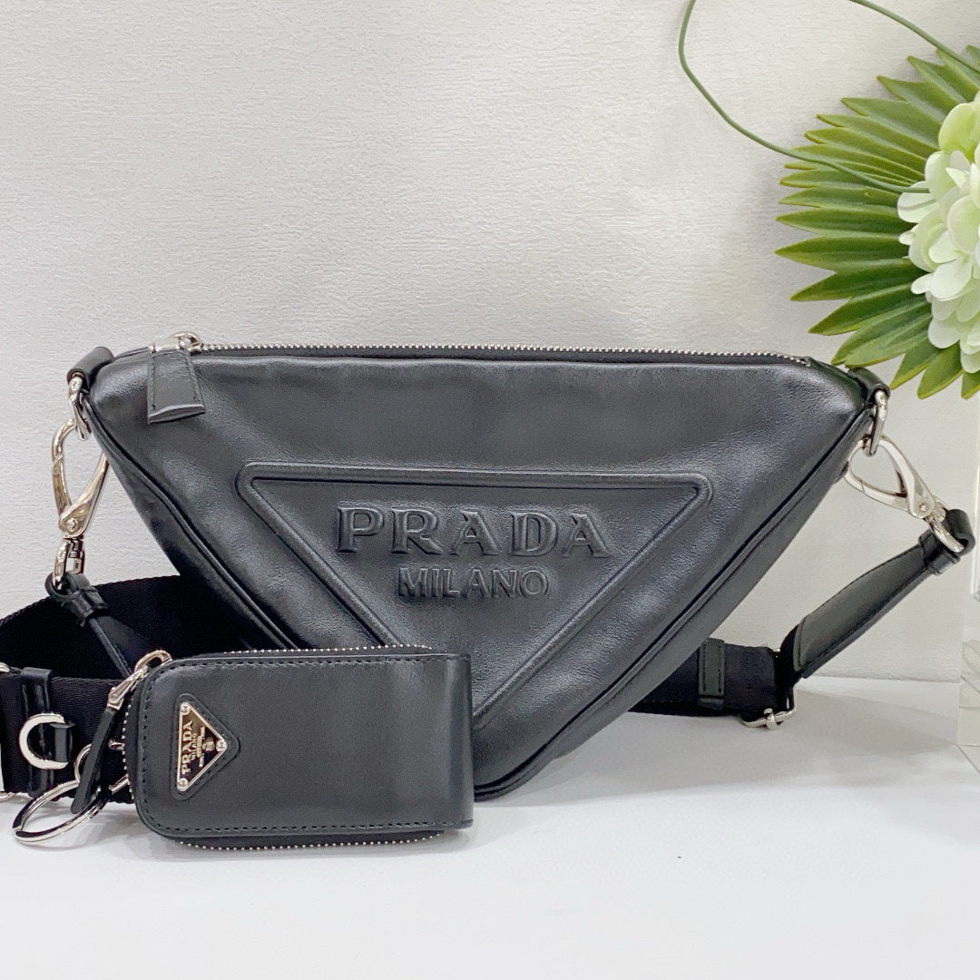Prada - Embossed Triangle Crossbody Bag - Leather - Black - (medium)