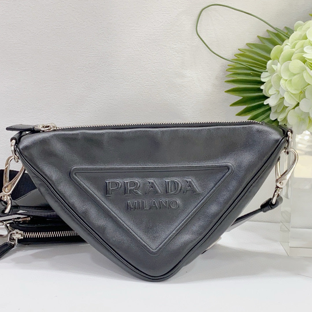 Prada - Embossed Triangle Crossbody Bag - Leather - Black - (medium)