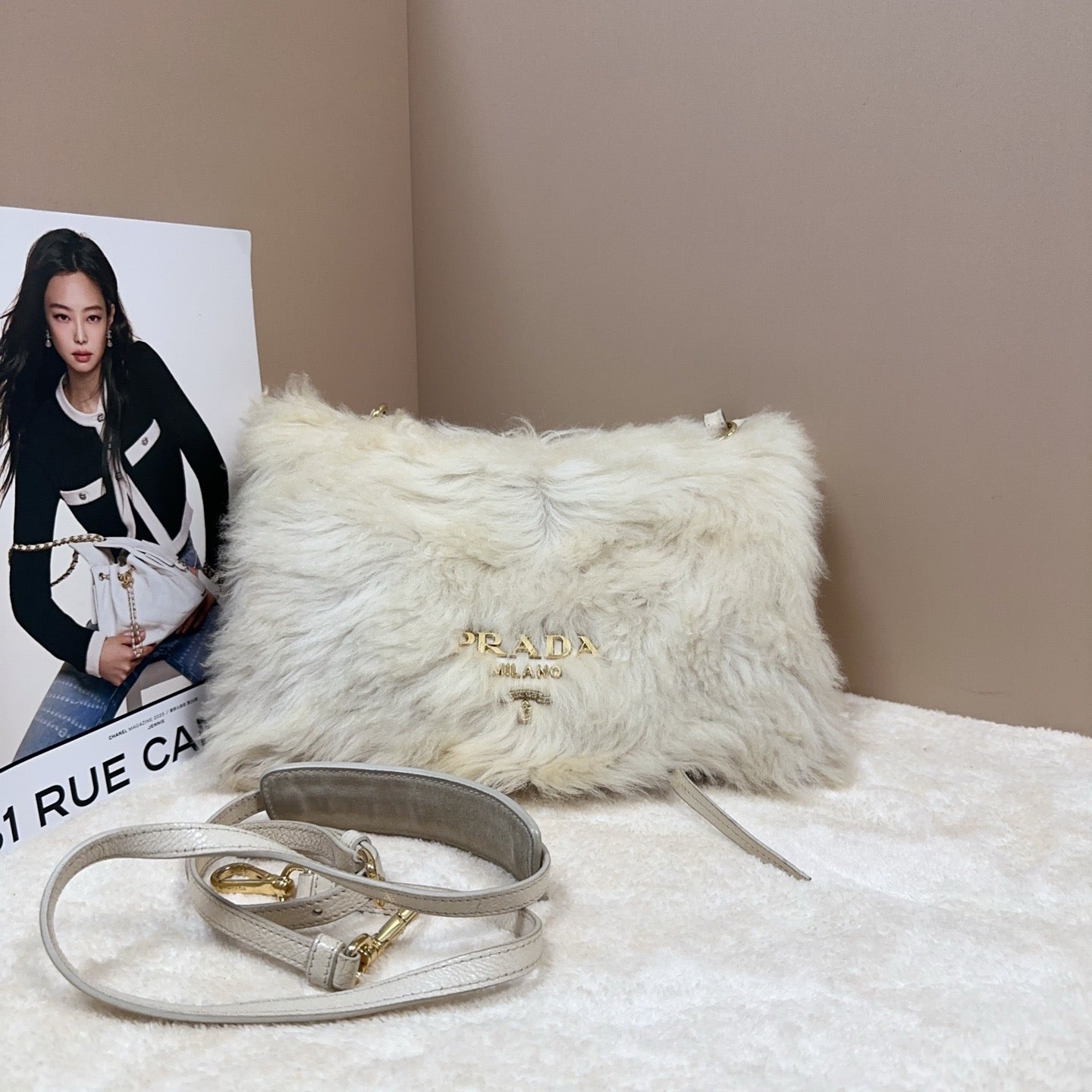 Prada - Fur and Leather Shoulder/Crossbody Bag - Fur (likely lamb) with pebbled leather trim - Beige - (Small)