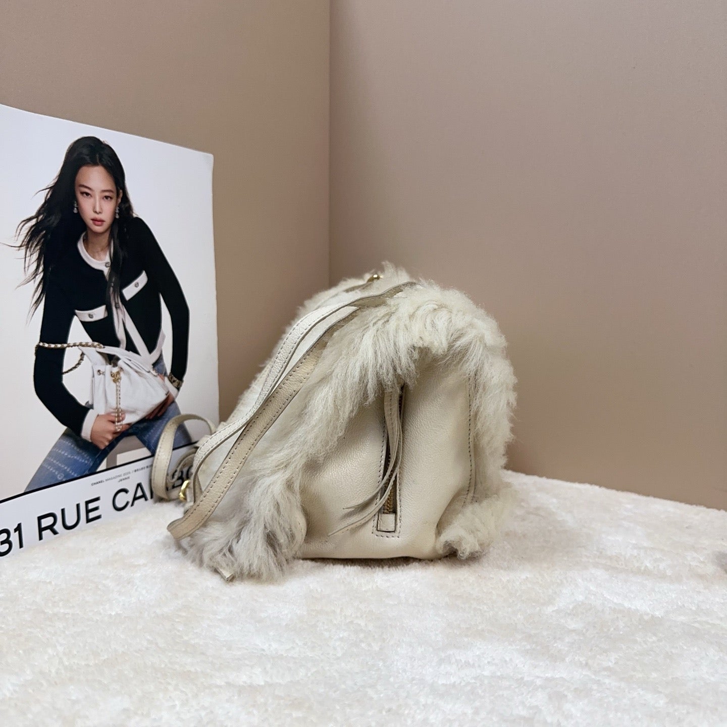 Prada - Fur and Leather Shoulder/Crossbody Bag - Fur (likely lamb) with pebbled leather trim - Beige - (Small)