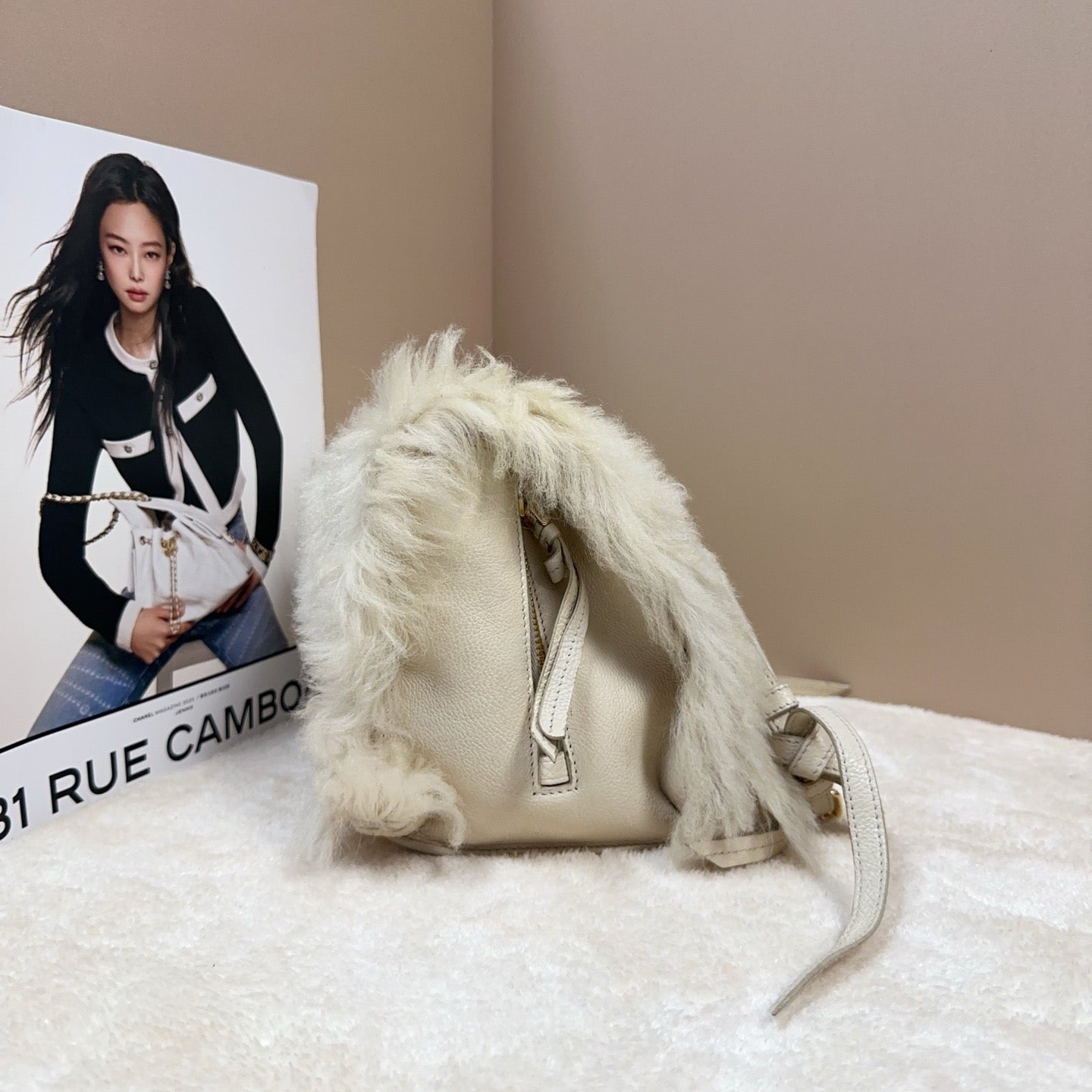 Prada - Fur and Leather Shoulder/Crossbody Bag - Fur (likely lamb) with pebbled leather trim - Beige - (Small)