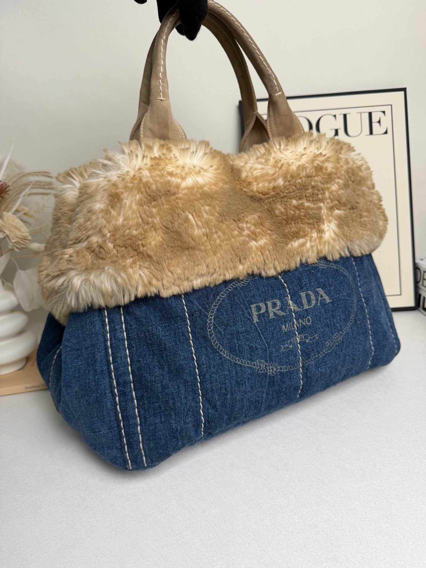 Prada - Fur Beach Tote - Denim - Blue - (Other)