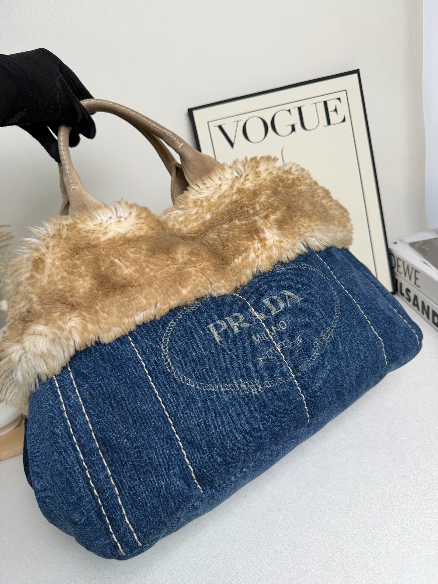 Prada - Fur Beach Tote - Denim - Blue - (Other)
