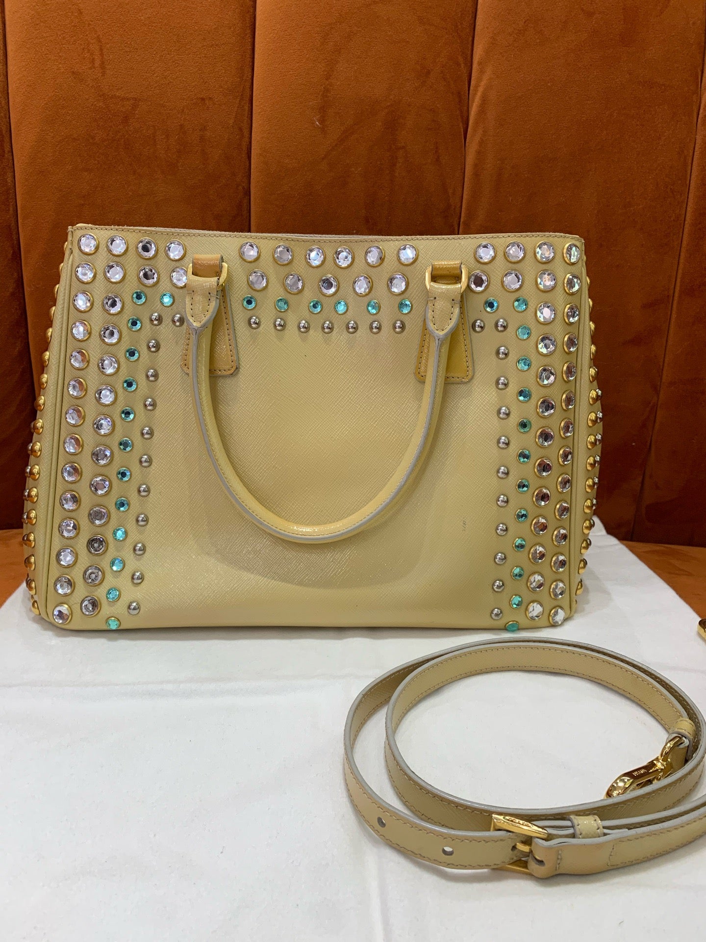 Prada - Limited Edition Crystal Embellished Top Handle Bag - Leather - Yellow - (Other)