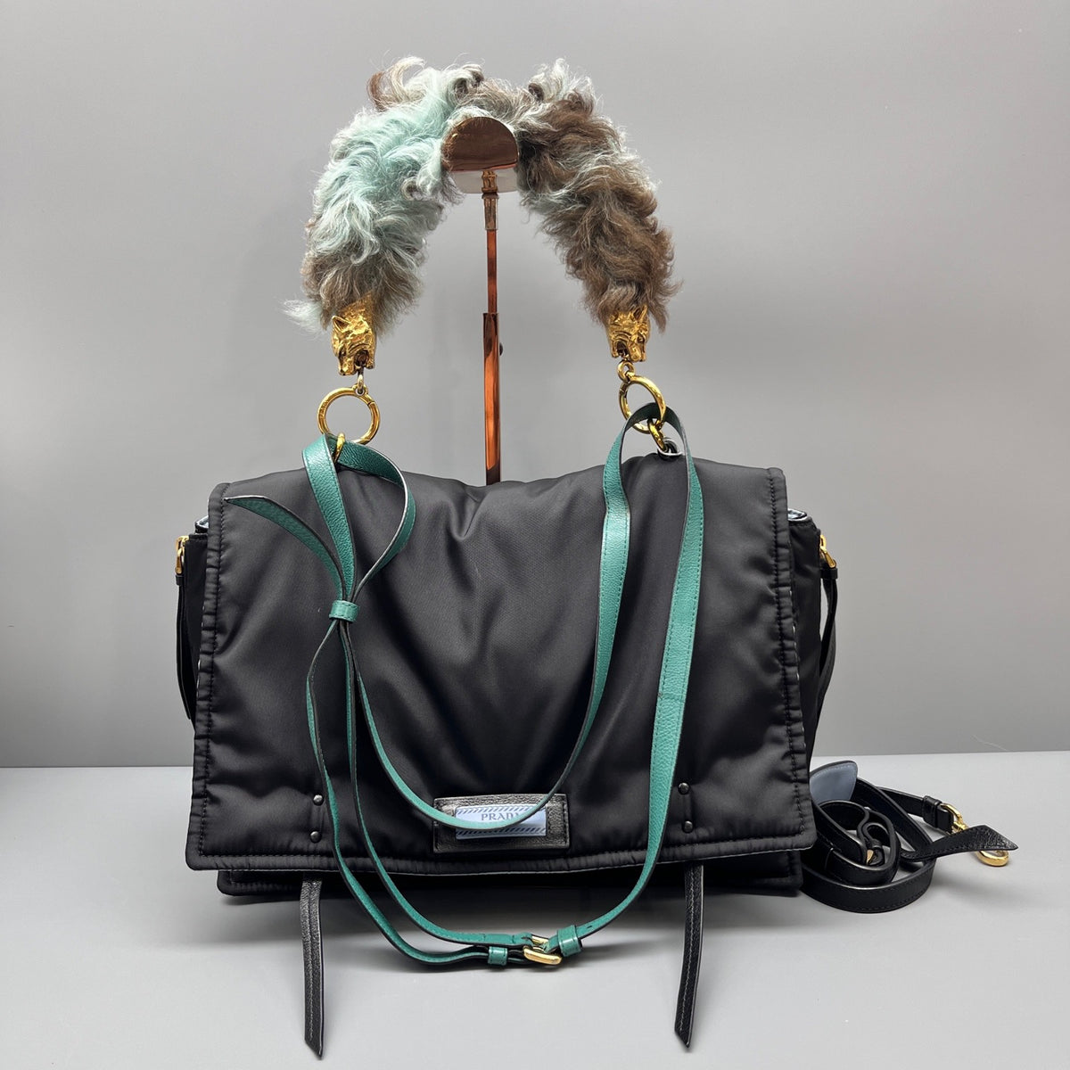 Prada - Messenger Bag with Fox Fur and Leopard Head Detail - Synthetic - Black - (medium)