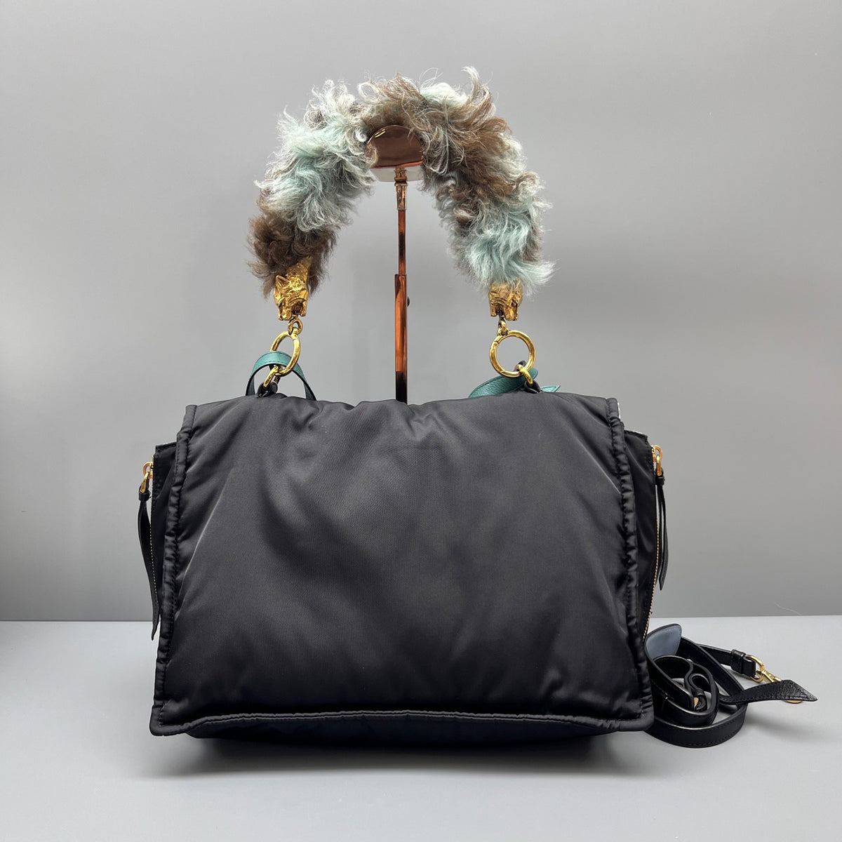 Prada - Messenger Bag with Fox Fur and Leopard Head Detail - Synthetic - Black - (medium)