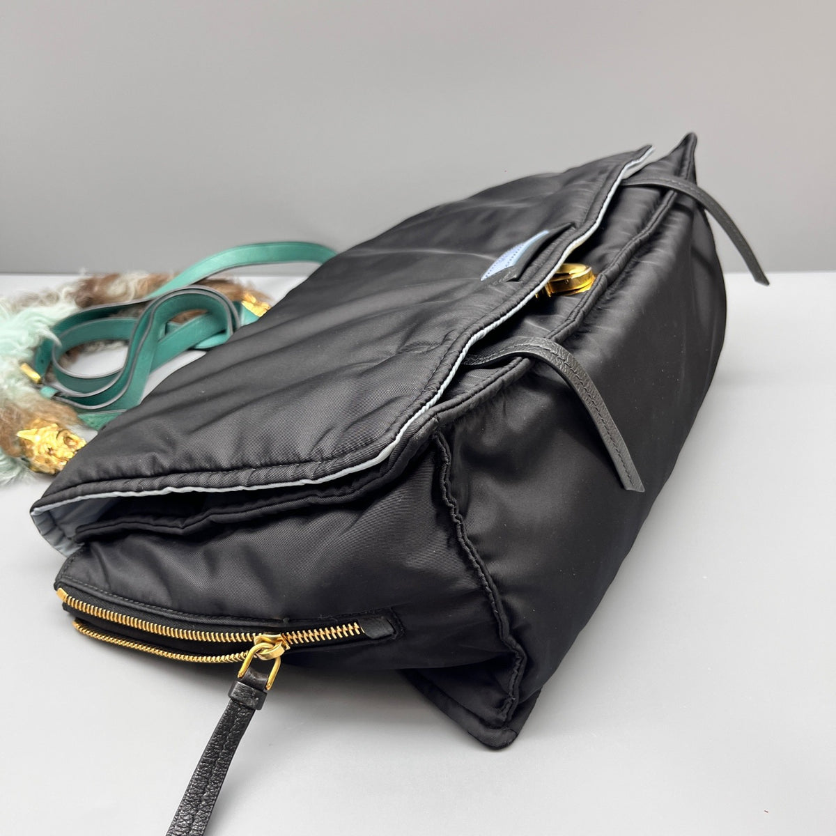 Prada - Messenger Bag with Fox Fur and Leopard Head Detail - Synthetic - Black - (medium)