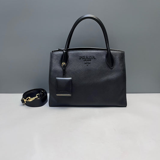 Prada - Monochrome Top Handle Bag - Saffiano Leather - Black - (medium)
