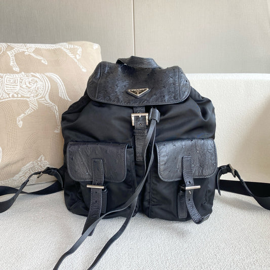Prada - Nylon and Ostrich Leather Backpack - Leather - Black - (medium)