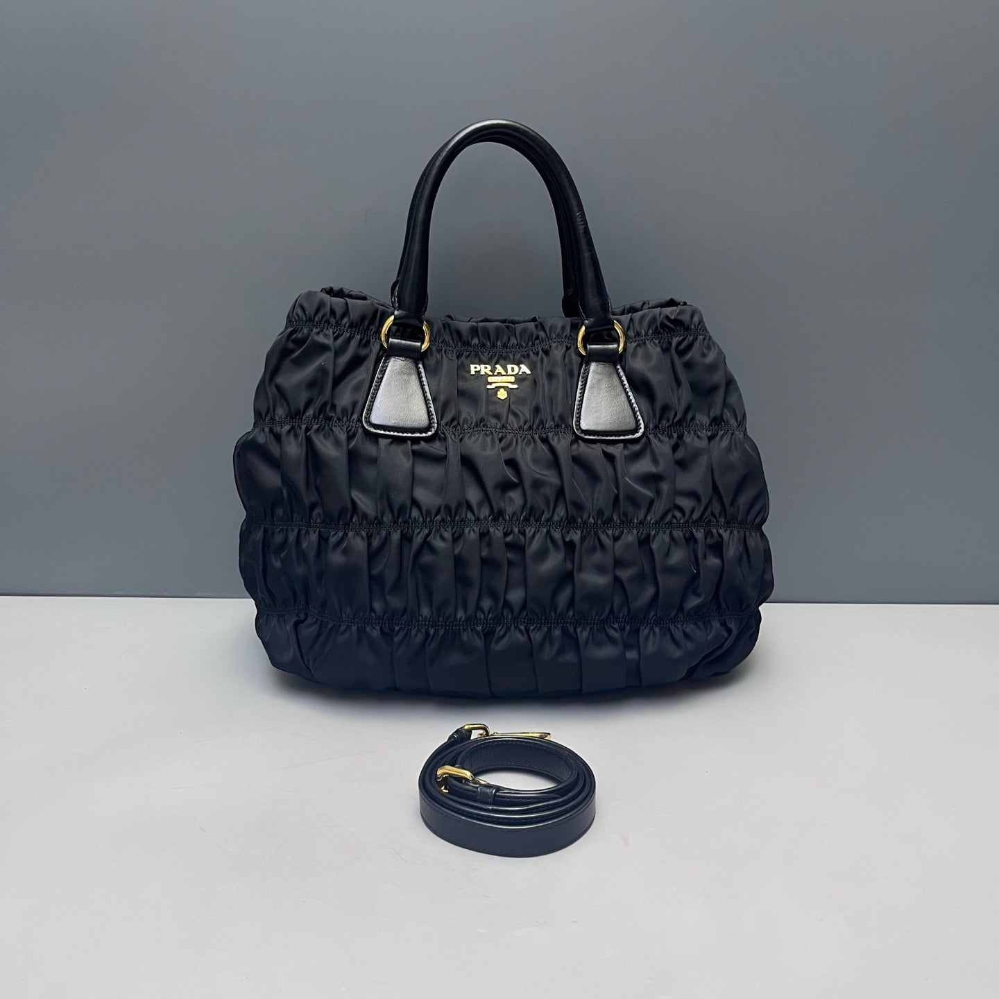 Prada - Nylon Ruched Top Handle Bag - Nylon - Black with Gold-Tone Hardware - (medium)