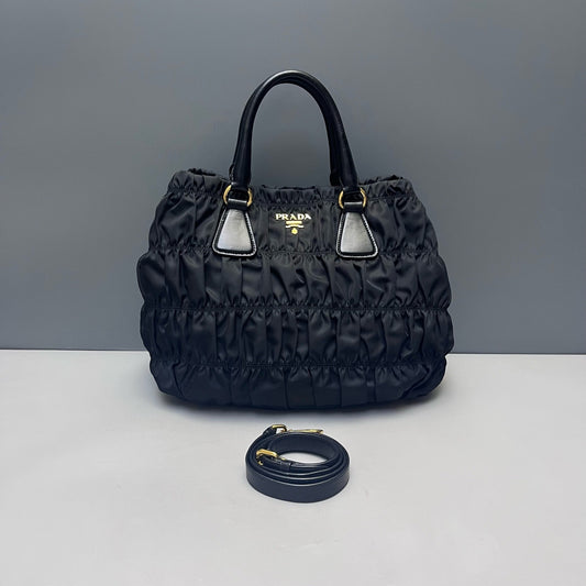 Prada - Nylon Ruched Top Handle Bag - Nylon - Black with Gold-Tone Hardware - (medium)