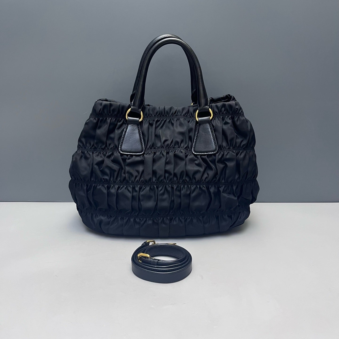 Prada - Nylon Ruched Top Handle Bag - Nylon - Black with Gold-Tone Hardware - (medium)