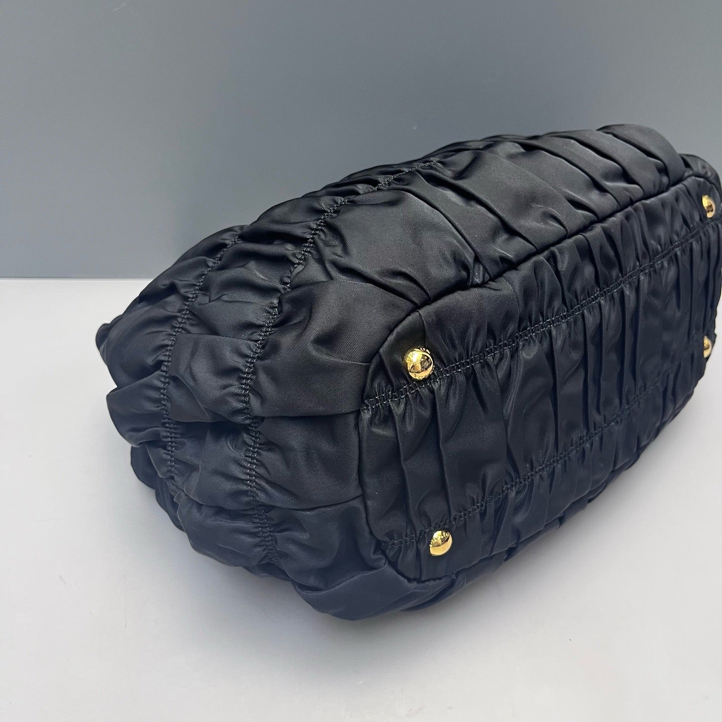 Prada - Nylon Ruched Top Handle Bag - Nylon - Black with Gold-Tone Hardware - (medium)