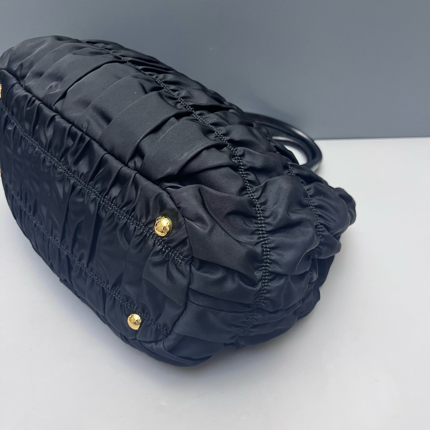 Prada - Nylon Ruched Top Handle Bag - Nylon - Black with Gold-Tone Hardware - (medium)