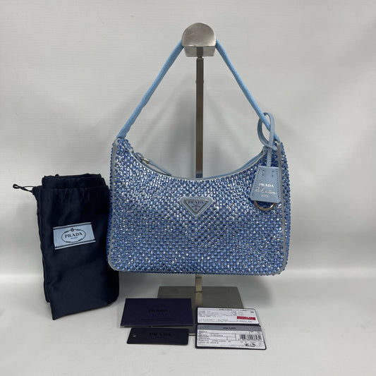 Prada - Re-Edition 2000 Hobo - Crystal-embellished satin with leather trim - Blue - (mini)