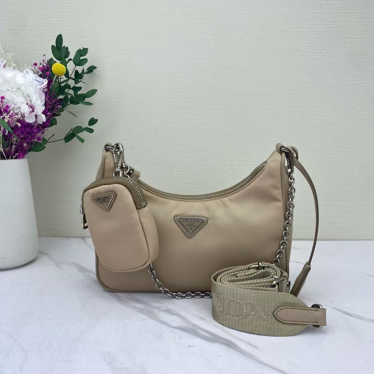 Prada - Re-Edition 2005 Hobo 3-in-1 - Re-Nylon - Beige with Silver-Tone Hardware - (mini)