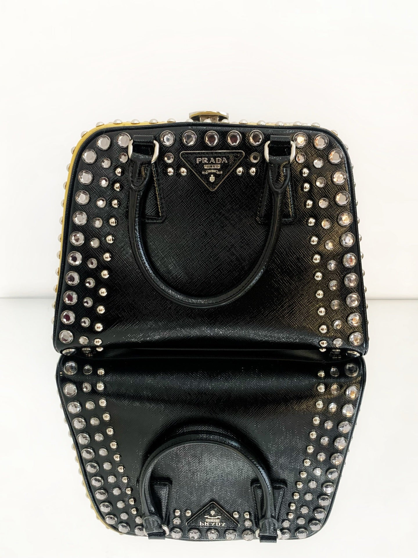 Prada - Rhinestone Studded Top Handle Bag - Saffiano leather - Black and Yellow - (Medium)