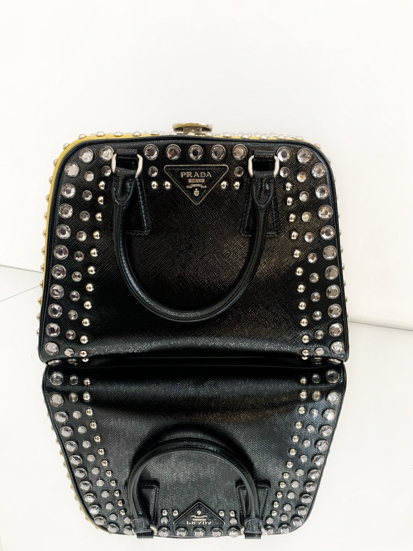 Prada - Rhinestone Studded Top Handle Bag - Saffiano leather - Black and Yellow - (Medium)