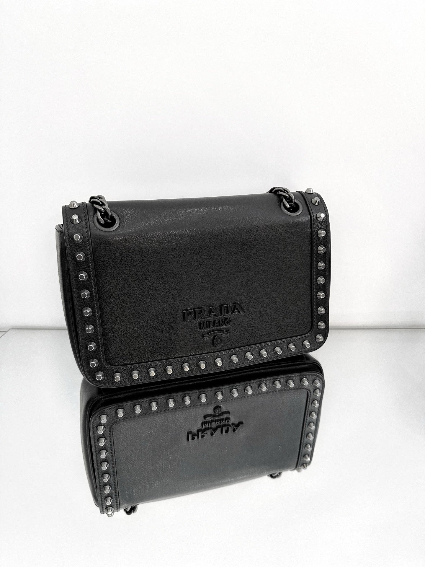 Prada - Rivet Chain Shoulder Bag - Leather - Black - (Medium)
