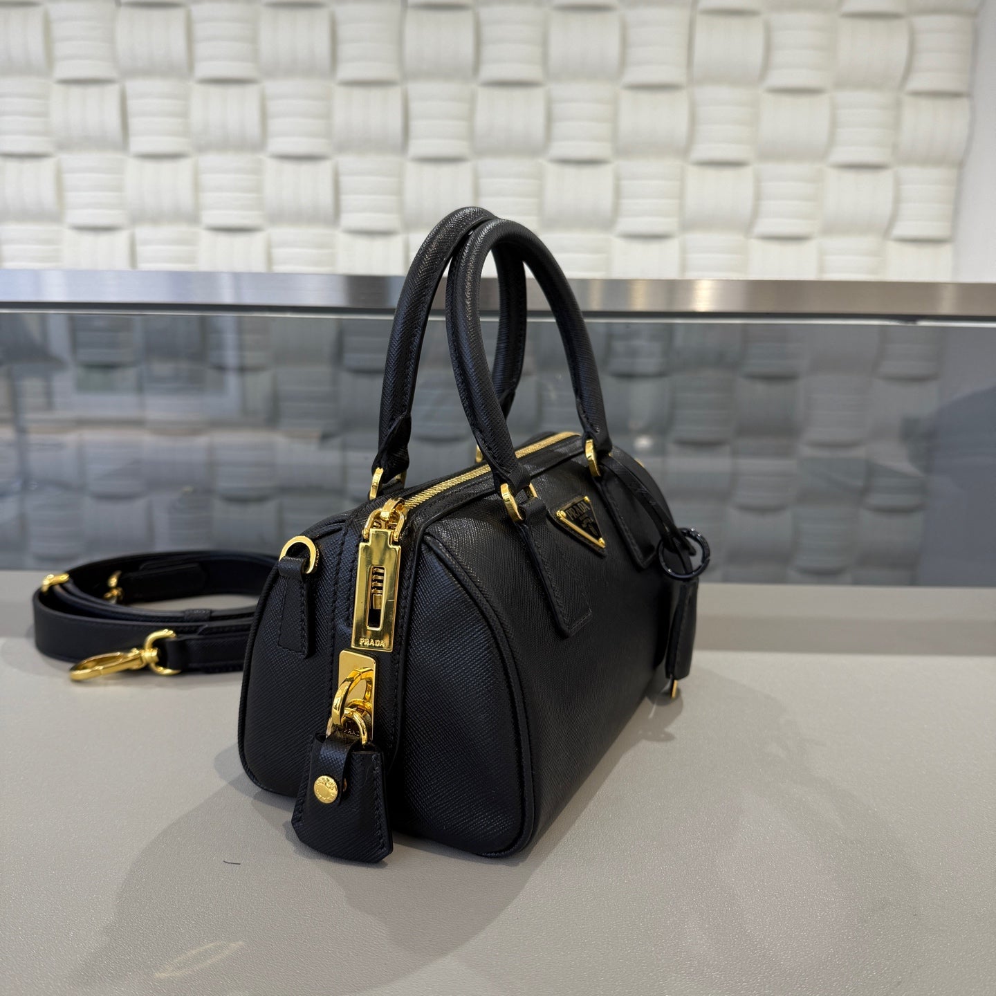 Prada - Saffiano Boston Bag - Saffiano leather - Black with Gold-Tone Hardware - (mini)