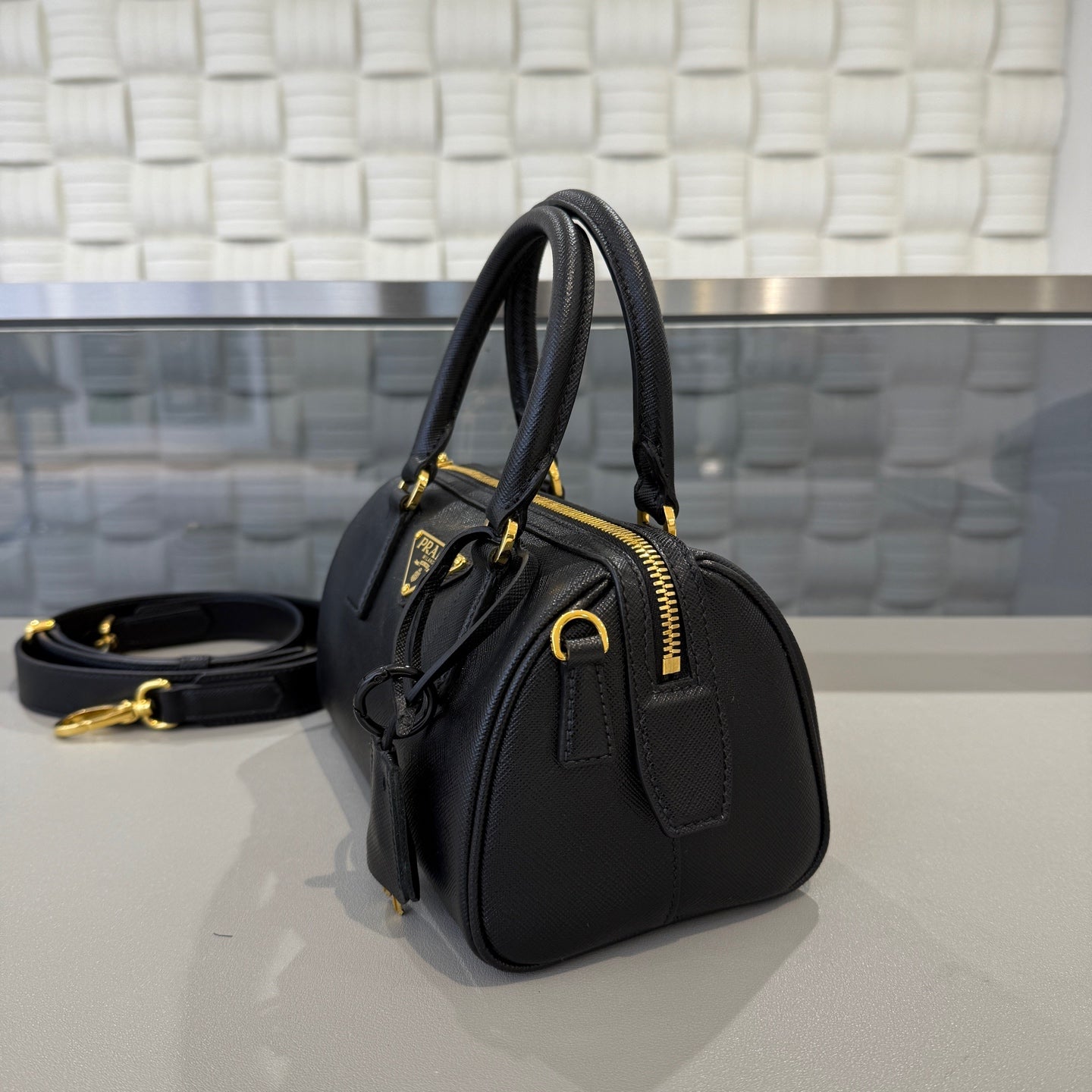 Prada - Saffiano Boston Bag - Saffiano leather - Black with Gold-Tone Hardware - (mini)