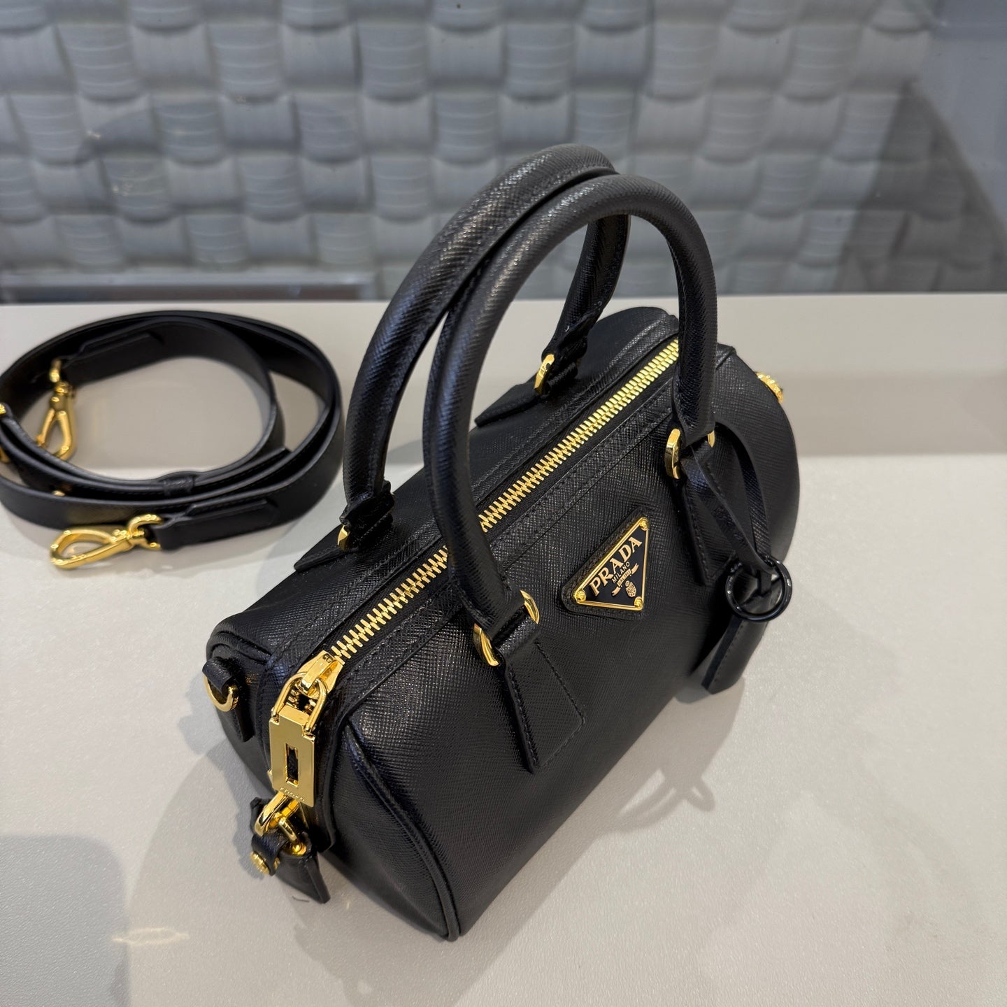 Prada - Saffiano Boston Bag - Saffiano leather - Black with Gold-Tone Hardware - (mini)