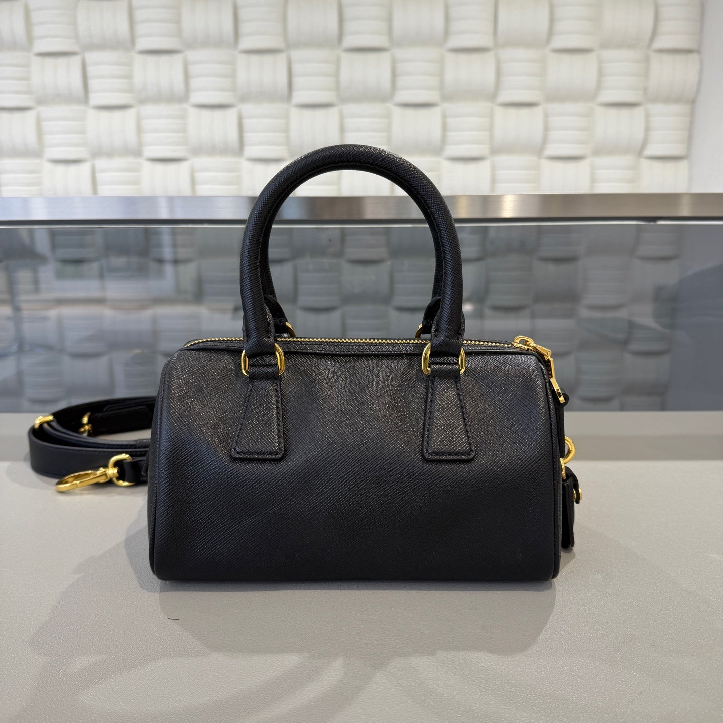 Prada - Saffiano Boston Bag - Saffiano leather - Black with Gold-Tone Hardware - (mini)