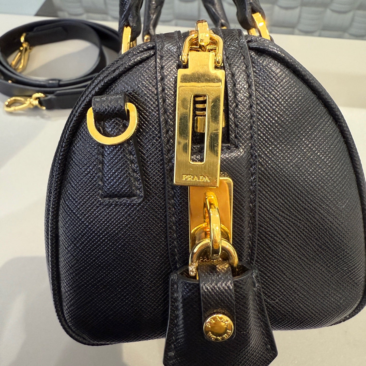 Prada - Saffiano Boston Bag - Saffiano leather - Black with Gold-Tone Hardware - (mini)