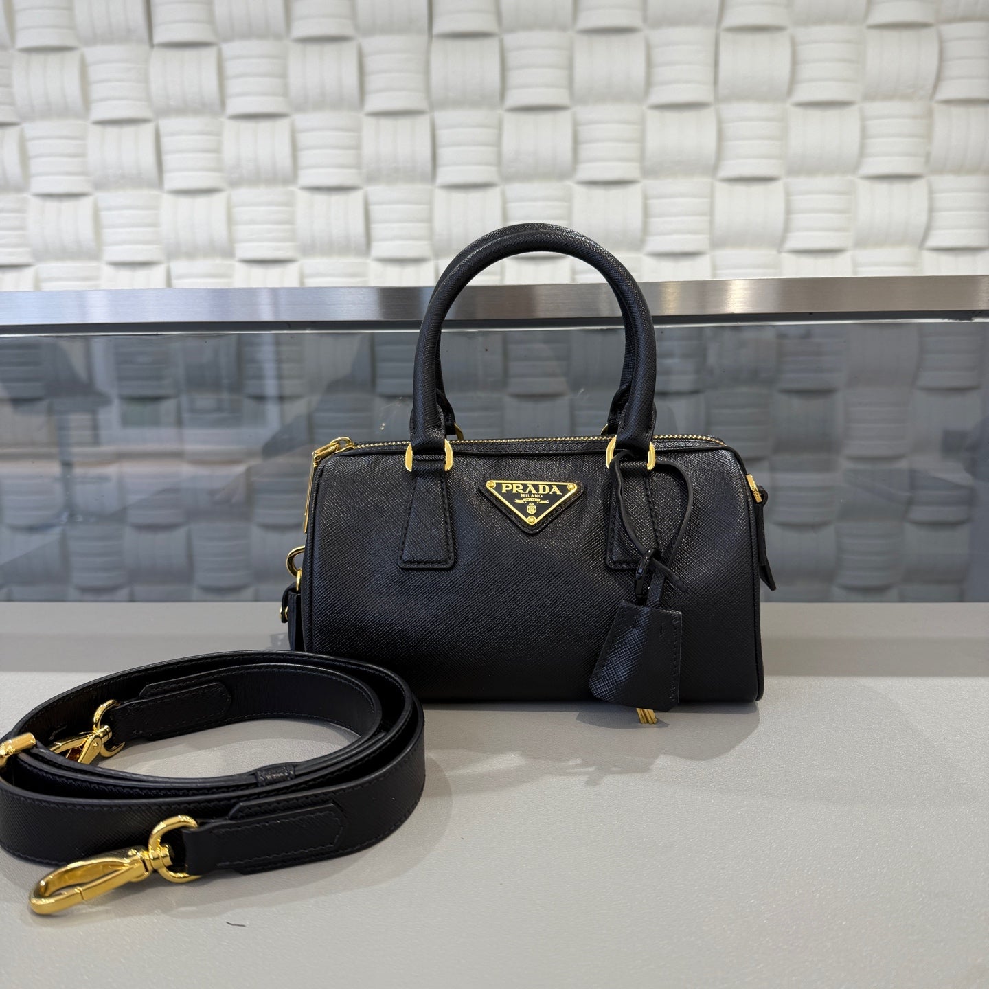 Prada - Saffiano Boston Bag - Saffiano leather - Black with Gold-Tone Hardware - (mini)