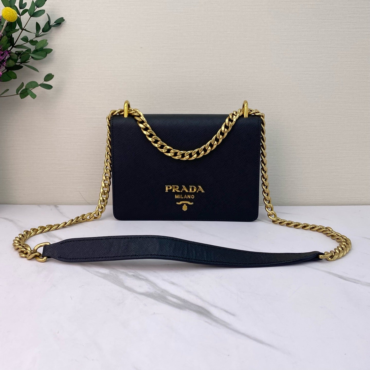 Prada - Saffiano Chain Crossbody Bag - Saffiano leather - Black with Gold-Tone Hardware - (Small)